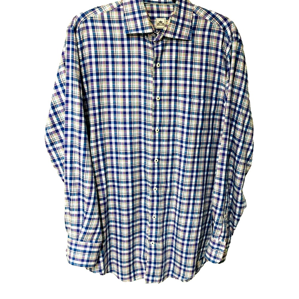Peter Millar Mens Plaid Shirt Button Up Navy Purple Preppy Office Size M Cotton - Picture 2 of 4
